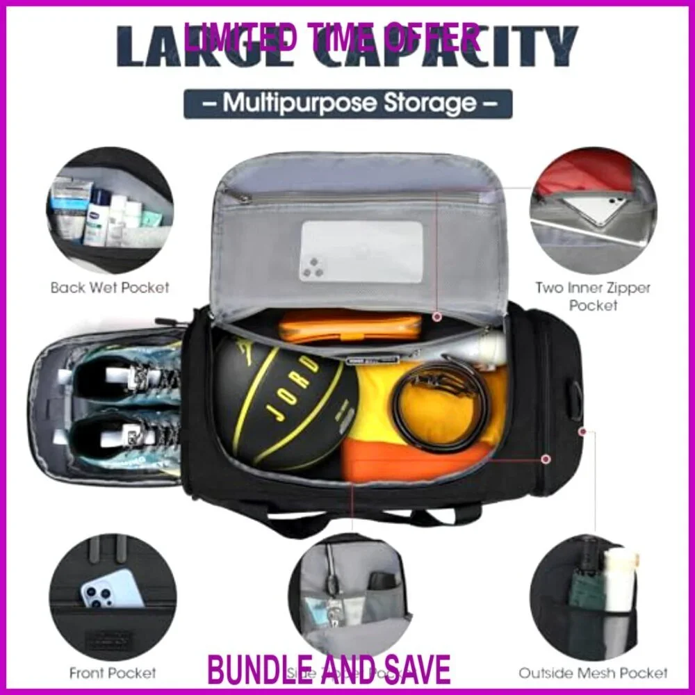 55L Water Resistant Polyester Gym Duffle Bag with Shoe Compartment & Wet Pocket